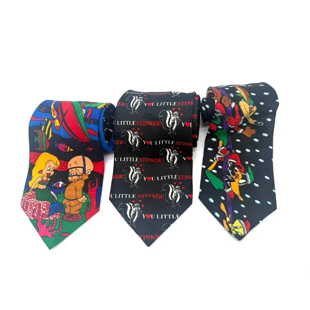 Vtg 90s Looney Tunes Necktie Lot Elmer Fudd Mermaid Pepé Le Pew Christmas Bugs